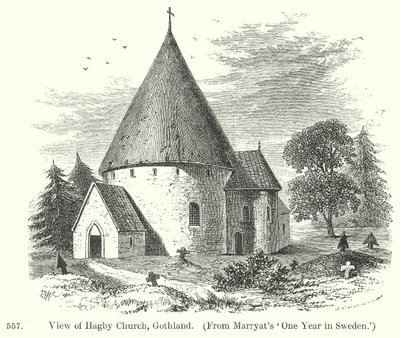 Gezicht op Hagby Church, Gothland (gravure) door English School