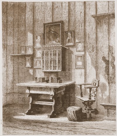 Uitzicht op Luthers kamer in de Wartburg, met de inktvlek op de muur, illustratie uit De Geschiedenis van het Protestantisme door James Aitken Wylie, 1878 door English School