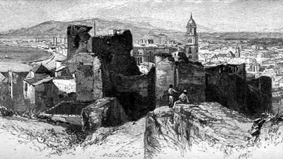 Uitzicht op Malaga vanaf het Alcazar, Spanje, uit 