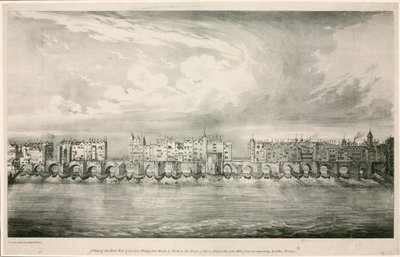 Uitzicht op de oude London Bridge zoals in het bewind van koningin Elizabeth I door English School