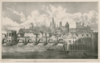 Uitzicht op de oude London Bridge zoals in het bewind van koning Hendrik VII, circa 1500 door English School