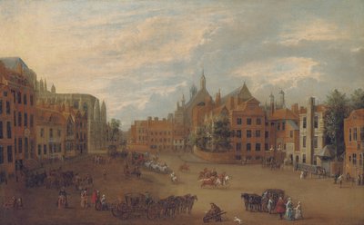 Zicht op Old Palace Yard, Westminster, met het Oostelijke Eind van Westminster Abbey en de Kapel van Koning Hendrik VII aan de Linkerkant, c.1700 door English School
