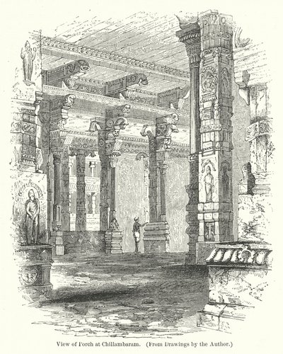 Zicht op portiek in Chillambaram (gravure) door English School