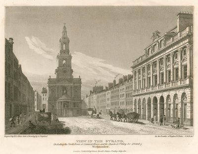 Uitzicht op The Strand, inclusief de noordelijke gevel van Somerset House en de kerk van St Mary-Le-Strand, Westminster, Londen door English School