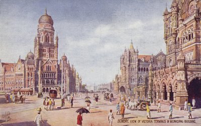 Uitzicht op Victoria Terminus  Gemeentegebouw, Bombay (kleurenlitho) door English School
