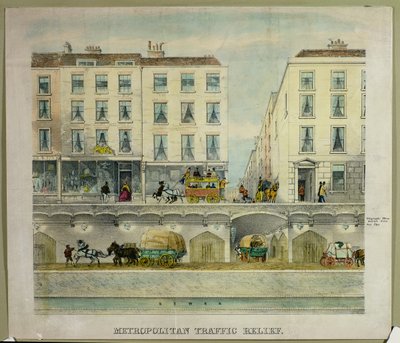 Gezicht op een straat in Londen met een tunnel eronder ter ontlasting van het verkeer, c.11850 (litho) door English School