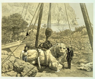Uitzicht op een kolossale leeuw die wordt opgeheven, uit A History of Discoveries at Helicarnassus, Cnidus, & Branchidae door English School