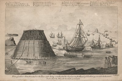 Zicht op een kegel gebouwd in het jaar 1785 die naar zijn plaats in de weg van Cherbourg wordt gebracht door English School
