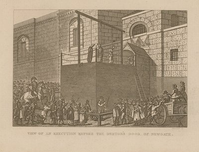 Uitzicht op een executie voor de schuldenaarsdeur van Newgate door English School