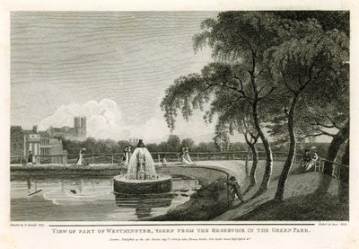Uitzicht op een deel van Westminster, genomen vanaf het reservoir in het Green Park door English School