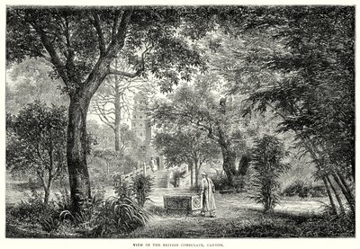 Gezicht op het Britse consulaat, Canton (gravure) door English School