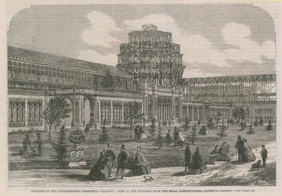 Uitzicht op het Internationale Tentoonstellingsgebouw vanuit de tuinen van de Royal Horticultural Society door English School