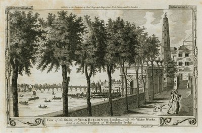 Aanblik van de trappen van York Buildings, Londen met de waterwerken en het verre uitzicht op Westminster Bridge door English School