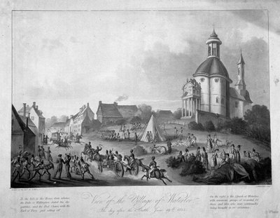 Uitzicht op het dorp Waterloo de dag na de slag, 19 juni 1815, 1816 door English School