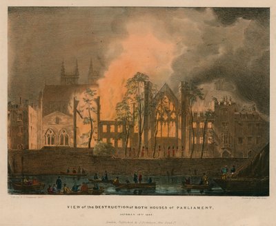 Uitzicht op de vernietiging van beide Huizen van het Parlement, 16 oktober 1834 door English School