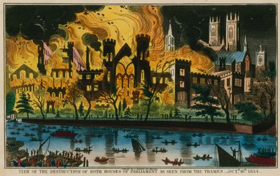 Uitzicht op de vernietiging van beide Huizen van het Parlement zoals gezien vanaf de Theems, 16 oktober 1834 door English School