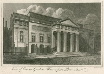 Uitzicht op de buitenkant van Covent Garden Theatre, Londen, vanaf Bow Street door English School
