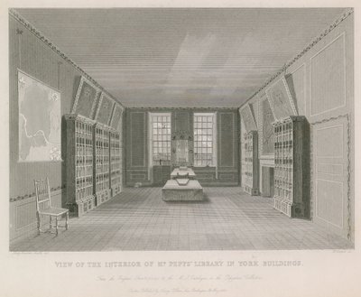 Uitzicht op het interieur van de bibliotheek van Mr. Pepys in York Building door English School