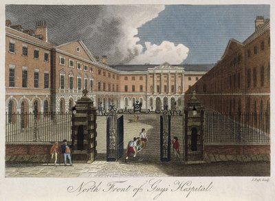 Uitzicht op de noordkant van Guys Hospital, Southwark, met een man die door de voordeuren wordt gedragen, c.1800 door English School