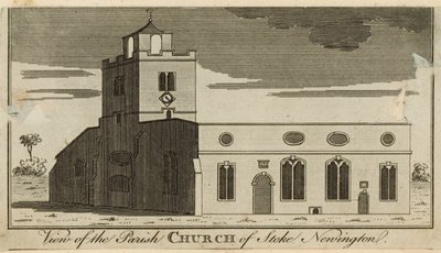 Uitzicht op de parochiekerk van Stoke Newington door English School