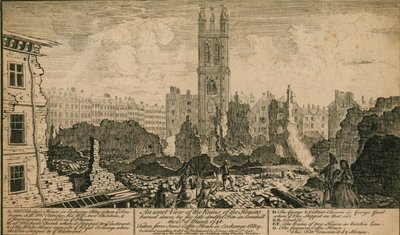Uitzicht op de ruïnes van de huizen die zijn afgebrand in Cornhill, Londen, op 25 maart 1748 door English School