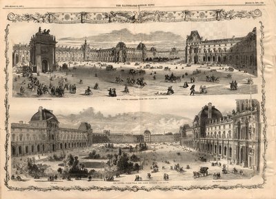 Uitzichten van de Cour Carrée du Louvre in Parijs. Gravure in 