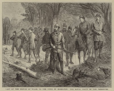 Bezoek van de Prins van Wales aan de Hertog van Hamilton, het koninklijk gezelschap in de reservaten (gravure) door English School