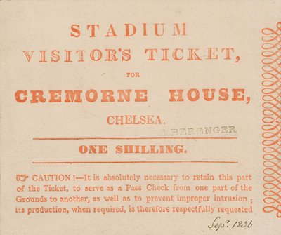 Bezoekerskaartje voor het stadion, Cremorne House, Londen, september 1836 door English School