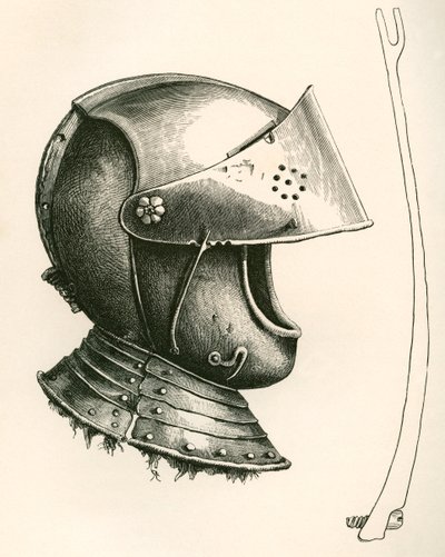 Helm met vizier daterend uit ca. 1643. Het stuk aan de zijkant is de viziersteun, op ware grootte, gebruikt om het vizier op verschillende hoeken te houden volgens de gebruikte inkeping, uit The British Army: Its Origins, Progress and Equipment, gepublicee door English School