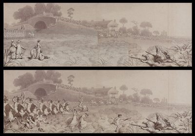 Vrijwilligersbeoordeling bij Wormwood Scrubs met de Mitre Tavern en de Mitre Bridge, Hammersmith, c.1800 (wassing op papier) door English School