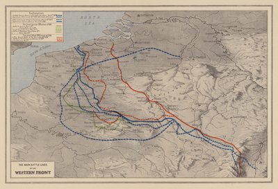 WW1: De belangrijkste gevechtslinies van het westelijk front (kleurenlitho) door English School