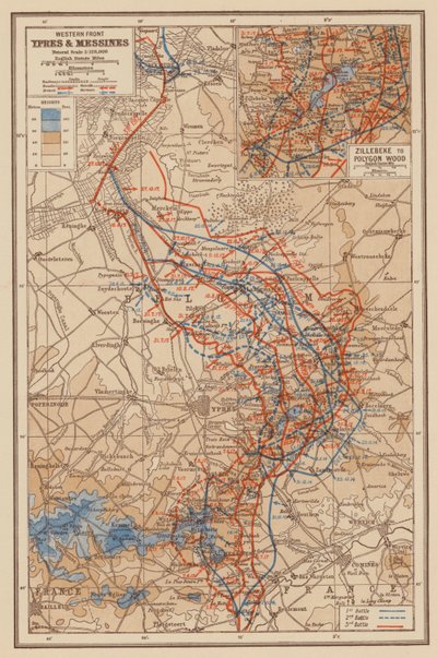 WO1: Westelijk front, Ieper en Mesen (kleurenlitho) door English School