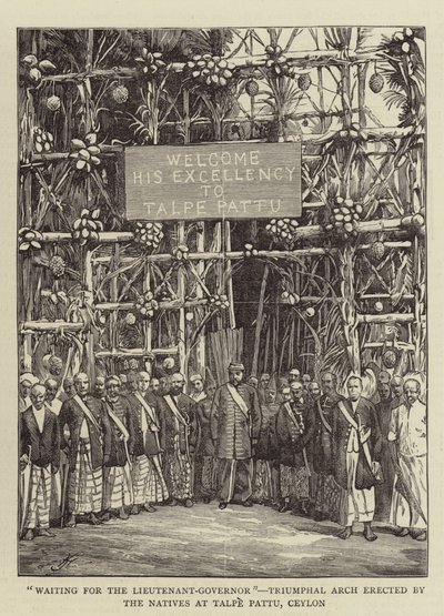 "Wachten op de luitenant-gouverneur", triomfboog opgericht door de inboorlingen in Talpe Pattu, Ceylon door English School