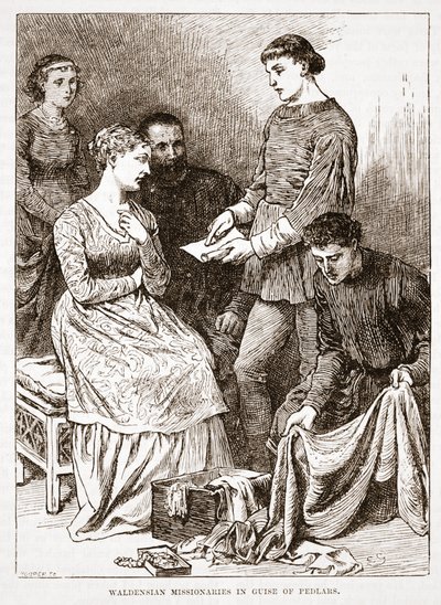 Waldensische missionarissen vermomd als marskramers, illustratie uit The History of Protestantism door James Aitken Wylie (1808-1890), gepubliceerd 1878 door English School
