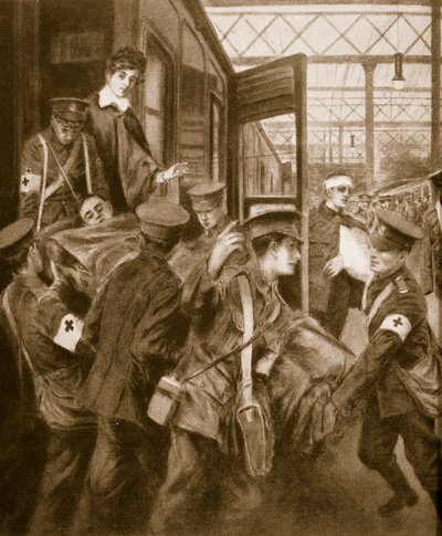 Oorlogswonden arriveren op een Londens treinstation door English School