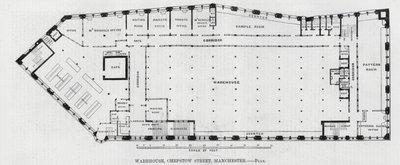 Magazijn, Chepstow Street, Manchester (gravure) door English School