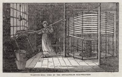 Spoelmolen gebruikt door de zijdewevers van Spitalfields (gravure) door English School