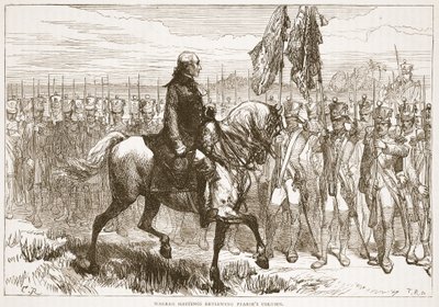 Warren Hastings beoordeelt Pearses kolom, illustratie uit Cassells Geïllustreerde Geschiedenis van India door James Grant, uitgegeven 1879 door English School