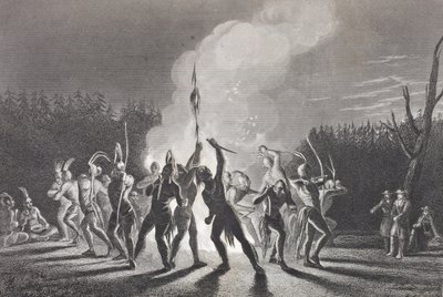 Washington en Fairfax bij een Indiaanse oorlogsdans, 1748, uit 