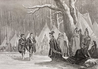 Washington en Gist bezoeken de Indiaanse koningin Alliquippa, uit 