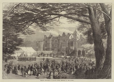 Huwelijksfeesten in Holland House, Ontbijt in de Tuin (gravure) door English School