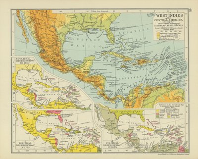 West-Indië en Midden-Amerika met de data van de belangrijkste Europese vestigingen (kleurenlitho) door English School