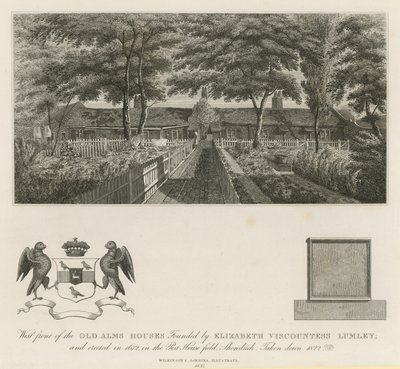 Westgevel van de oude armenhuizen gesticht door Elizabeth Burggravin Lumley (gravure) door English School