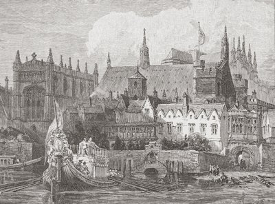 Westminster Hall gezien vanaf de Theems tijdens het bewind van Karel I door English School