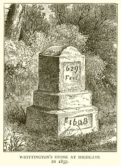 Whittingtons Steen bij Highgate in 1857 door English School