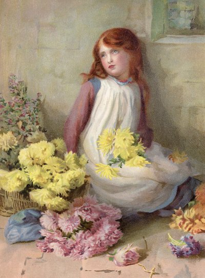 Wie koopt? Jong meisje dat bloemen op straat verkoopt (kleur litho) door English School