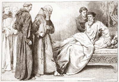 Wicliffe en de monniken: scène in de slaapkamer, illustratie uit The History of Protestantism door James Aitken Wylie (1808-1890), gepubliceerd 1878 door English School