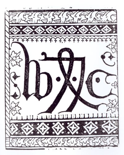 William Caxtons (c.1422 - c.91) Drukmerk, illustratie uit Wetenschap en Literatuur in de Middeleeuwen en Renaissance, geschreven en gegraveerd door Paul Lacroix, 1878 door English School