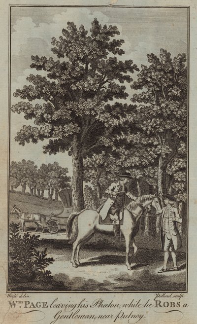 William Page verlaat zijn Phaeton terwijl hij een heer nabij Putney berooft door English School