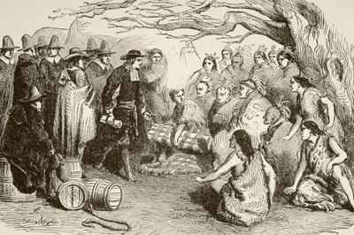 William Penn sluit een verdrag met de Delaware of Lenape Indianen in 1682 (litho) door English School
